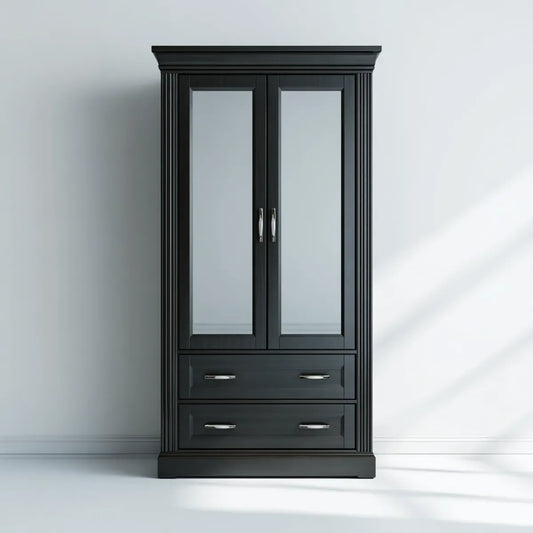 Armadio guardaroba nero a 2 ante con specchio e 2 cassetti in MDF 100 x 55 x 200 cm rettangolare
