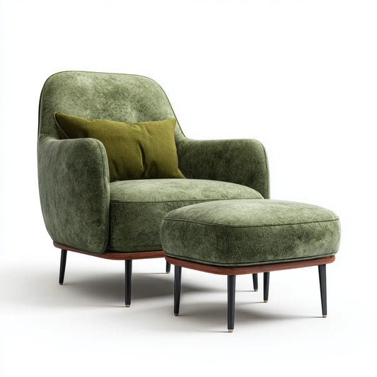 Set poltrona relax con poggiapiedi verde oliva in velluto di poliestere con struttura arrotondata 82 x 88 x 92 cm