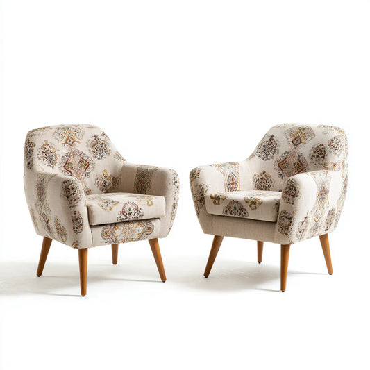Set di 2 poltrone da soggiorno beige fantasia 68 x 75 x 82 cm in poliestere con gambe in legno massello forma arrotondata