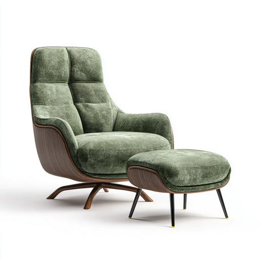 Poltrona relax con poggiapiedi verde in velluto a coste e multistrato impiallacciato noce 78 x 92 x 102 cm