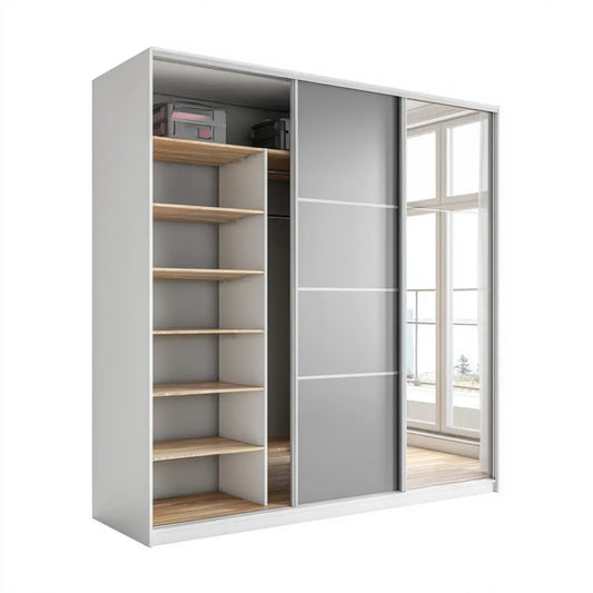 Armadio guardaroba a 3 ante scorrevoli grigio e bianco 180 x 60 x 200 cm in pannello truciolare nobilitato con specchio rettangolare