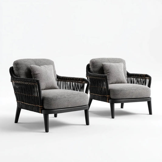 Set di 2 poltrone da soggiorno grigio e nero in poliestere e rattan PE 75 x 80 x 82 cm
